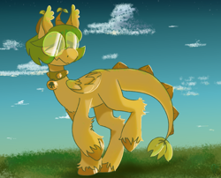 Size: 1500x1210 | Tagged: safe, artist:pagophasia, derpibooru exclusive, imported from derpibooru, oc, oc only, oc:hortis culture, hybrid, pony, cloud, collar, ear tufts, full body, glasses, grass, horns, leaf, looking sideways, nonbinary, round glasses, smiling, solo, stars, sunset, unshorn fetlocks, walking, wings