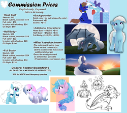 Size: 5500x4887 | Tagged: safe, artist:feather_bloom, imported from derpibooru, oc, oc:blue_skies, oc:feather_bloom, oc:sweet beat, alicorn, bat pony, dragon, earth pony, pegasus, pony, advertisement, commission, commission info, g5, high res, price sheet, updated
