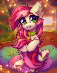 Size: 1887x2419 | Tagged: safe, alternate version, artist:radioaxi, imported from derpibooru, roseluck, earth pony, pony, christmas, christmas tree, collar, commission, commissioner:doom9454, cute, garland, holiday, hug, pet tag, pony pet, rosepet, solo, tail, tail hug, tree
