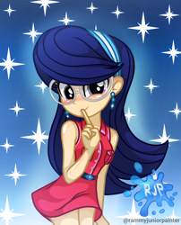 Size: 2015x2490 | Tagged: safe, artist:rjp.rammy, imported from derpibooru, oc, oc only, oc:evalina latina, human, equestria girls, blushing, clothes, cute, dress, female, glasses, looking at you, meganekko, ocbetes, shhh, sleeveless, smiling, smiling at you, solo