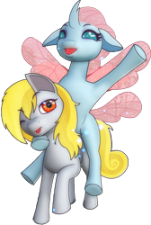 Size: 1652x2463 | Tagged: safe, artist:rainofbladess, imported from derpibooru, ocellus, oc, oc:lightning rider, changedling, changeling, pegasus, pony, derpibooru community collaboration, 2023 community collab, changelings riding ponies, female, happy, looking at you, male, not derpy, ocellus riding oc, open mouth, ponies riding ponies, riding, riding a pony, simple background, smiling, spread wings, tongue out, transparent background, waving, wings