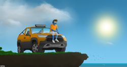 Size: 4098x2184 | Tagged: safe, artist:av1ra, imported from derpibooru, oc, oc only, anthro, bird, seagull, car, cliff, lada, ocean, solo, sun, tree, water