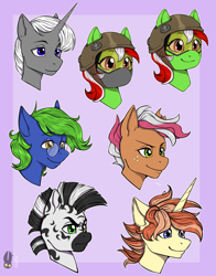 Size: 1600x2039 | Tagged: safe, artist:natt333, imported from derpibooru, oc, oc:arcane gears, oc:medicinal haze, oc:mythic blade, oc:nyota, oc:silver mane, oc:wandering sunrise, earth pony, pony, unicorn, zebra, fallout equestria, fallout equestria: dead tree, commissioner:solar aura, earth pony oc, glasses, goggles, helmet, horn, unicorn oc, zebra oc