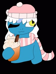 Size: 1200x1600 | Tagged: safe, artist:void-0f-eyes, imported from derpibooru, oc, oc only, oc:fleurbelle, alicorn, alicorn oc, black background, clothes, coffee, drink, female, food, hat, horn, latte, mare, scarf, simple background, solo, striped scarf, wings, yellow eyes