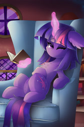 Size: 1280x1920 | Tagged: safe, artist:natanvok, imported from derpibooru, twilight sparkle, pony, book, chest fluff, couch, floppy ears, magic, solo