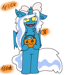 Size: 1364x1561 | Tagged: safe, artist:flurryc, imported from derpibooru, oc, oc only, oc:fleurbelle, alicorn, semi-anthro, alicorn oc, bow, cute, female, hair bow, halloween, holiday, horn, mare, pumpkin bucket, solo, trick or treat, wings, yellow eyes