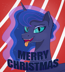 Size: 1250x1389 | Tagged: safe, artist:brehnya, imported from derpibooru, nightmare moon, princess luna, alicorn, pony, bust, christmas, collaboration, female, flowing mane, grin, holiday, horn, looking at you, open mouth, portrait, smiling, smiling at you, solo, tongue out