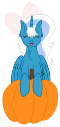 Size: 618x1312 | Tagged: safe, artist:sina142, imported from derpibooru, oc, oc only, oc:fleurbelle, alicorn, alicorn oc, bow, chest fluff, female, hair bow, happy, horn, mare, pumpkin, simple background, sitting, solo, white background, wings