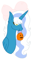 Size: 660x1228 | Tagged: safe, artist:sina142, imported from derpibooru, oc, oc only, oc:fleurbelle, alicorn, alicorn oc, bow, candy, cute, female, food, hair bow, horn, mare, pumpkin bucket, simple background, solo, white background, wings, yellow eyes