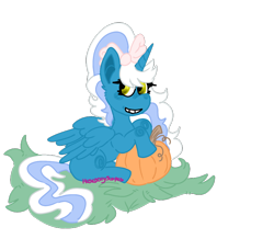 Size: 822x750 | Tagged: safe, artist:bitteradopts, imported from derpibooru, oc, oc only, oc:fleurbelle, alicorn, alicorn oc, bow, female, hair bow, horn, mare, pumpkin, simple background, solo, transparent background, wings, yellow eyes