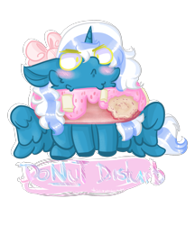 Size: 1900x2200 | Tagged: safe, artist:stinkygooby, imported from derpibooru, oc, oc only, oc:fleurbelle, alicorn, alicorn oc, blushing, bow, cheek fluff, cute, donut, eating, female, food, hair bow, horn, mare, simple background, solo, transparent background, wings, writing, yellow eyes