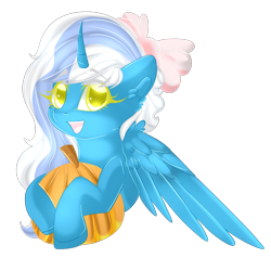 Size: 1000x1000 | Tagged: safe, artist:sakimiaji, imported from derpibooru, oc, oc only, oc:fleurbelle, alicorn, alicorn oc, bow, female, hair bow, happy, horn, mare, pumpkin, simple background, solo, transparent background, wings, yellow eyes
