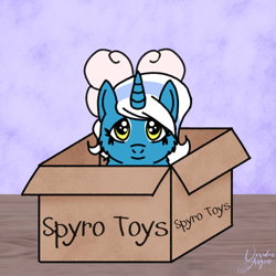 Size: 1080x1080 | Tagged: safe, artist:ursidaeangeni, imported from derpibooru, oc, oc only, oc:fleurbelle, alicorn, pony, alicorn oc, bow, box, cheek fluff, cute, female, hair bow, horn, if i fits i sits, mare, pony in a box, solo, wings, yellow eyes