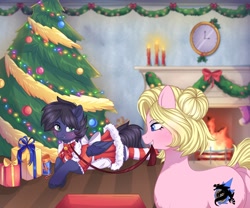 Size: 2048x1706 | Tagged: safe, artist:freyamilk, imported from derpibooru, oc, oc only, oc:fenris ebonyglow, oc:kara waypoint, earth pony, pegasus, pony, bell, bell collar, blonde mane, blonde tail, blushing, candle, christmas, christmas tree, clock, clothes, collar, crossdressing, dress, female, fire, fireplace, gift wrapped, holiday, leash, male, mare, present, socks, stallion, striped socks, tail, tree, under the tree, wall