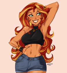 Size: 2280x2480 | Tagged: safe, artist:nire, imported from derpibooru, sunset shimmer, human, equestria girls, arm behind head, armpits, belly button, big breasts, black nail polish, blue eyes, blushing, bracelet, breasts, busty sunset shimmer, clothes, curvy, denim, denim shorts, ear piercing, earring, eyelashes, female, freckles, geode of empathy, jewelry, large voluminous hair, lips, magical geodes, makeup, midriff, nail polish, necklace, open mouth, open smile, peppered bacon, piercing, pose, short shirt, shorts, shoulder freckles, sideboob, simple background, smiling, solo, spiked wristband, stupid sexy sunset shimmer, tan lines, tanned, wide hips, wristband