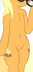 Size: 378x809 | Tagged: safe, artist:fearingfun, edit, imported from derpibooru, apple cobbler, earth pony, pony, semi-anthro, apple family member, belly, belly button, bipedal, chest fluff, cropped, glasses, pictures of bellies, smiling, solo