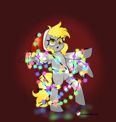 Size: 947x997 | Tagged: safe, artist:indigohatetrain, imported from derpibooru, derpy hooves, pegasus, pony, a hearth's warming tail, bipedal, christmas, christmas lights, hat, hearth's warming, holiday, santa hat, solo, watermark