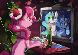 Size: 1748x1240 | Tagged: safe, artist:charlot, imported from derpibooru, pinkie pie, princess celestia, princess luna, alicorn, earth pony, pony, christmas, christmas tree, earth, female, happy new year, hat, holiday, mare, parody, royal sisters, santa hat, siblings, sisters, sitting, television, tree