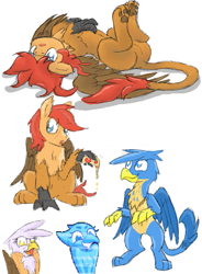 Size: 793x1080 | Tagged: safe, artist:pzkratzer, imported from derpibooru, gallus, gilda, oc, oc:ponygriff, avian, griffon, hippogriff, hybrid, semi-anthro, a.v.i.a.n., behaving like a cat, belly button, bipedal, featureless crotch, flockmod, food, griffons doing cat things, hippogriff doing cat things, hippogriff oc, paw pads, paws, pizza, ponygriff, simple background, sketch, starbound, underpaw, white background