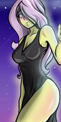 Size: 2000x4000 | Tagged: safe, artist:nolyanimeid, imported from derpibooru, fluttershy, human, equestria girls, black dress, blushing, breasts, cleavage, clothes, dress, female, legs, outdoors, schrödinger's pantsu, sky, sleeveless, solo, stars