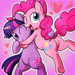 Size: 800x800 | Tagged: safe, artist:yosixi, imported from derpibooru, pinkie pie, twilight sparkle, earth pony, pony, unicorn, balloonbutt, bipedal, butt, cute, diapinkes, duo, duo female, female, floating heart, floppy ears, happy, heart, horn, hug, lesbian, mare, one eye closed, open mouth, open smile, plot, shipping, smiling, twiabetes, twinkie, underhoof, unicorn twilight