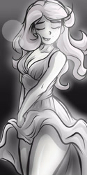 Size: 2000x4000 | Tagged: safe, artist:nolyanimeid, imported from derpibooru, fluttershy, human, equestria girls, black and white, breasts, cleavage, eyes closed, female, grayscale, legs, marilyn monroe, mole, monochrome, open mouth, sleeveless, solo, white dress