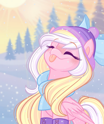 Size: 1624x1932 | Tagged: safe, artist:emberslament, imported from derpibooru, oc, oc only, oc:bay breeze, pegasus, pony, blurry background, blushing, boots, bow, catching snowflakes, clothes, crepuscular rays, cute, eyes closed, female, hair bow, happy, hat, mare, outdoors, pegasus oc, scarf, shoes, snow, snowfall, solo, three quarter view, tongue out, wings, winter, winter outfit, xp
