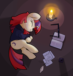Size: 2000x2100 | Tagged: safe, artist:kumakum, imported from derpibooru, moondancer, pony, unicorn, book, candle, clothes, cute, dancerbetes, digital art, eyes closed, inkwell, quill, sleeping, solo, sweater