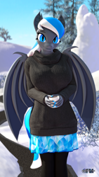 Size: 1080x1920 | Tagged: safe, artist:anthroponiessfm, imported from derpibooru, oc, oc only, oc:diamond azure, anthro, bat pony, 3d, anthro oc, bat pony oc, clothes, cute, female, leggings, looking at you, mug, skirt, snow, solo, source filmmaker, sweater, winter