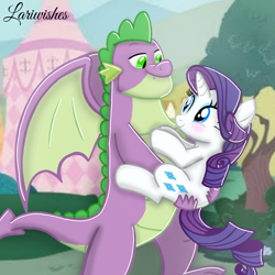 Size: 1300x1300 | Tagged: safe, artist:mlplary6, imported from derpibooru, rarity, spike, dragon, pony, unicorn, blushing, butt touch, carrying, female, hand on butt, holding a pony, looking at each other, looking at someone, male, mare, older, older spike, shipping, smiling, smiling at each other, sparity, straight, walking, winged spike, wings