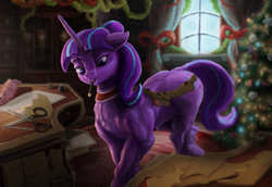 Size: 3620x2484 | Tagged: safe, artist:apelairplane, imported from derpibooru, starlight glimmer, pony, unicorn, christmas, christmas tree, curtains, female, holiday, mare, pencil, s5 starlight, scissors, solo, tree