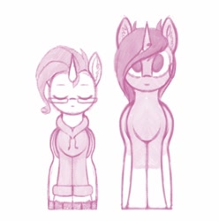 Size: 862x868 | Tagged: safe, artist:shydale, imported from derpibooru, oc, oc:startrail, oc:yodi, pony, unicorn, clothes, coat markings, ear fluff, eyes closed, height difference, hoodie, monochrome, sketch, socks (coat markings)