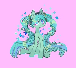 Size: 1046x942 | Tagged: safe, artist:batthsalts, imported from derpibooru, earth pony, pony, :3, colored eyelashes, dot eyebrows, female, hatsune miku, headphones, pigtails, pink background, simple background, sitting, solo, sparkles, twintails, vocaloid