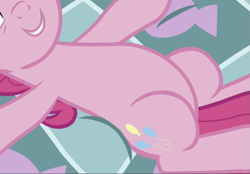 Size: 855x595 | Tagged: safe, imported from derpibooru, screencap, pinkie pie, earth pony, pony, the one where pinkie pie knows, bed, belly, cropped, pictures of bellies, smiling, solo