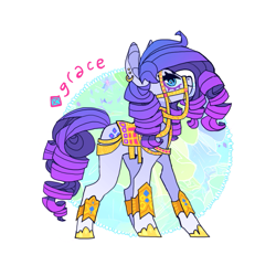 Size: 851x851 | Tagged: safe, artist:batthsalts, imported from derpibooru, rarity, earth pony, pony, unicorn, alternate hairstyle, armor, bridle, clothes, ear piercing, earring, earth pony rarity, female, gradient hair, gradient mane, gradient tail, hoof shoes, jewelry, peytral, piercing, race swap, reins, saddle, simple background, solo, tack, tail
