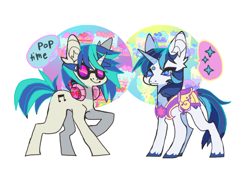 Size: 852x650 | Tagged: safe, artist:batthsalts, imported from derpibooru, dj pon-3, shining armor, vinyl scratch, pony, unicorn, armor, cake, chestplate, female, food, glasses, headphones, male, raised hoof, simple background, smiling, sparkles, speech, speech bubble, talking, text, unshorn fetlocks, white background