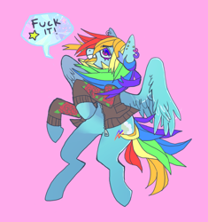 Size: 834x888 | Tagged: safe, artist:batthsalts, imported from derpibooru, rainbow dash, pegasus, pony, clothes, colored eyelashes, ear piercing, earring, female, jacket, jewelry, piercing, pink background, simple background, solo, speech, speech bubble, stars, talking, text, vulgar