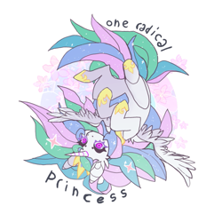 Size: 851x851 | Tagged: safe, artist:batthsalts, imported from derpibooru, princess celestia, alicorn, pony, colored eyelashes, crown, dot eyebrows, ethereal mane, female, flower, hoof shoes, jewelry, peytral, regalia, simple background, solo, sparkles, spread wings, starry hair, starry mane, starry tail, tail, text, tiara, upside down, white background, wings