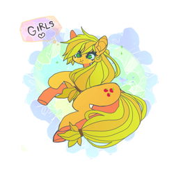 Size: 850x850 | Tagged: safe, artist:batthsalts, imported from derpibooru, applejack, earth pony, pony, butt, female, freckles, hatless, heart, lesbian, lying down, missing accessory, on side, plot, solo, text, thought bubble
