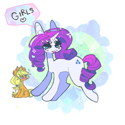 Size: 850x850 | Tagged: safe, artist:batthsalts, imported from derpibooru, applejack, rarity, earth pony, pony, unicorn, applejack's hat, blushing, cowboy hat, female, hat, heart, lesbian, lidded eyes, rarijack, shipping, sitting, smiling, sparkles, speech, speech bubble, sweat, sweatdrop, talking, text