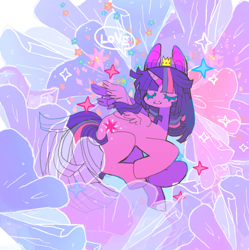 Size: 744x746 | Tagged: safe, artist:batthsalts, imported from derpibooru, twilight sparkle, alicorn, pony, colored eyelashes, crown, curled up, eyes closed, female, jewelry, regalia, solo, sparkles, speech bubble, spread wings, text, twilight sparkle (alicorn), wings