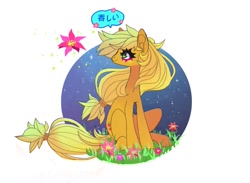 Size: 929x680 | Tagged: safe, artist:batthsalts, imported from derpibooru, applejack, earth pony, pony, colored eyelashes, female, flower, grass, hatless, japanese, missing accessory, night, night sky, simple background, sitting, sky, smiling, solo, speech, speech bubble, talking, text, translated in the comments, white background