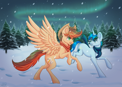 Size: 4200x3000 | Tagged: safe, artist:mxiiisy, imported from derpibooru, oc, oc only, oc:kayle rustone, oc:solar gizmo, aurora borealis, clothes, forest, night, running, scarf, snow, snowfall