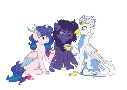 Size: 3508x2480 | Tagged: safe, artist:delfinaluther, imported from derpibooru, oc, oc:delfina, oc:eragor, oc:miky command, changeling, cheetah, hippogriff, pegasus, pony, derpibooru community collaboration, 2023 community collab, beak, blue hair, chest fluff, crown, cup, ear fluff, eragor, female, food, friends, genderfluid, heterochromia, horns, jewelry, male, paws, pink body, purple hair, regalia, simple background, sitting, smiling, tea, teacup, transparent background, trio, white body, wings