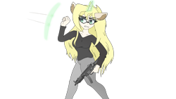 Size: 3840x2160 | Tagged: safe, artist:straighttothepointstudio, imported from derpibooru, oc, oc only, anthro, unicorn, angry, anthro oc, clothes, digital art, ear fluff, female, freckles, g5, glasses, gun, long hair, magic, mp5, simple background, solo, submachinegun, transparent background, weapon