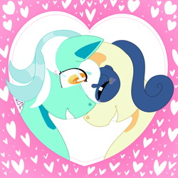 Size: 1500x1500 | Tagged: safe, artist:dsstoner, imported from derpibooru, bon bon, lyra heartstrings, sweetie drops, earth pony, pony, unicorn, bust, duo, duo female, eyes closed, female, grin, heart, lesbian, lyrabon, mare, portrait, shipping, smiling