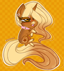 Size: 1280x1422 | Tagged: safe, artist:conflei, imported from derpibooru, oc, oc only, pony, unicorn, abstract background, chibi, collar, ear piercing, earring, eyelashes, female, hair over one eye, hoof polish, hoofy-kicks, horn, jewelry, mare, piercing, solo, unicorn oc