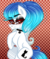 Size: 872x1024 | Tagged: safe, artist:conflei, imported from derpibooru, oc, oc only, earth pony, pony, abstract background, choker, earth pony oc, eyelashes, female, frown, lidded eyes, makeup, mare, paw prints, solo