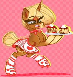 Size: 1280x1344 | Tagged: safe, artist:conflei, imported from derpibooru, oc, oc only, pony, unicorn, 1950s, 50s, abstract background, bipedal, clothes, eyelashes, female, food, horn, mare, pancakes, roller skates, skates, skirt, solo, tray, unicorn oc