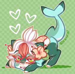 Size: 1280x1263 | Tagged: safe, artist:conflei, imported from derpibooru, oc, oc only, original species, pony, shark, shark pony, abstract background, blushing, chibi, cute, eyelashes, face down ass up, female, flower, flower in hair, heart, mare, open mouth, solo